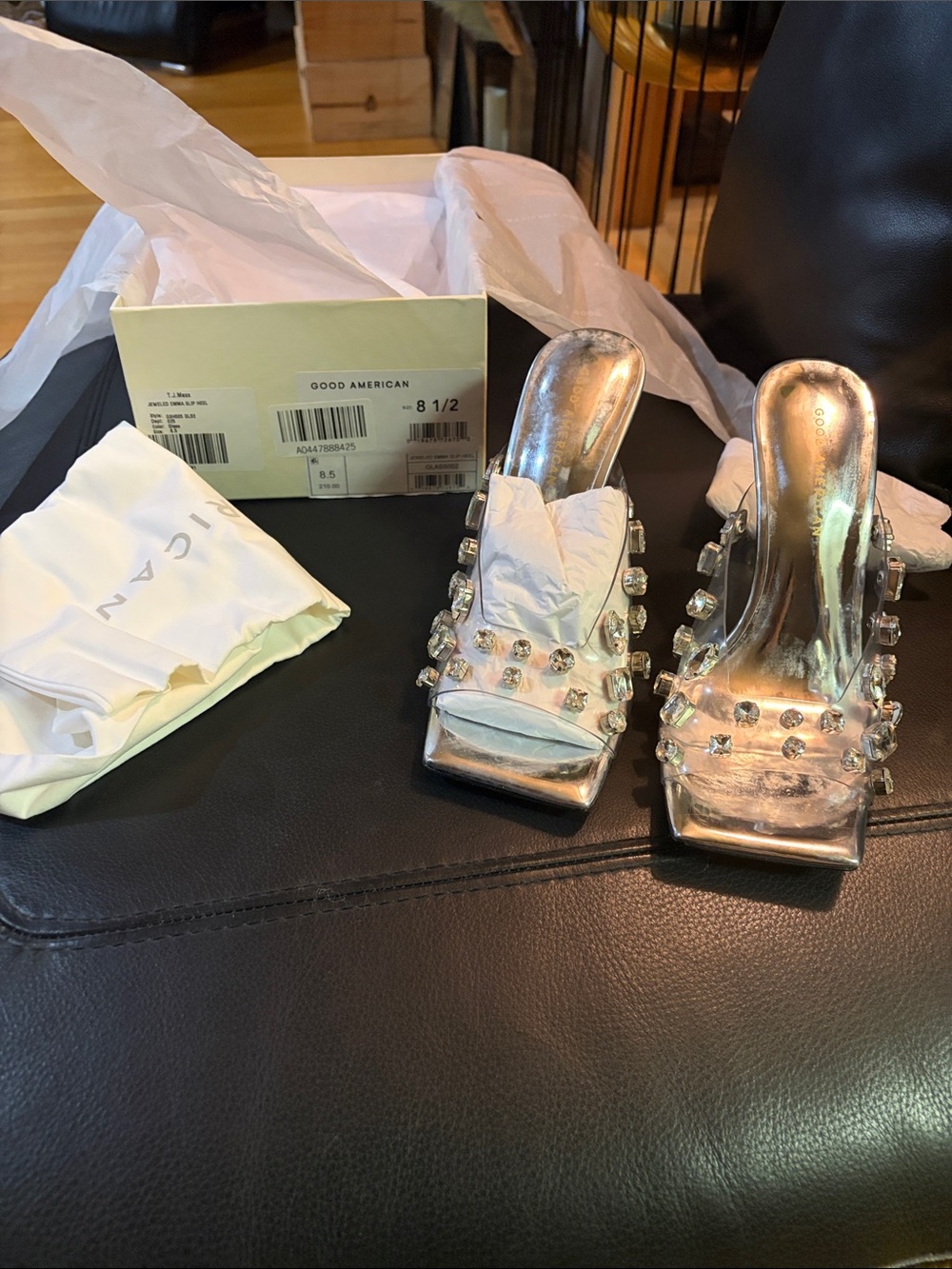 Good American Metallic Silver Jeweled Square-Toe Slide Heels